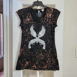 LENNI Bleach Splatter Eagle Guns Graphic Tee Grunge Western Small